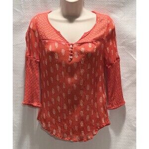 Lucky Brand Floral Sheer Womens XS Orange Red Coral Fairy Boho Peasant Cottage